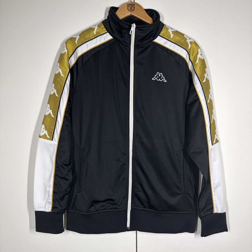 Kappa Men's Sz M Logo Track Soccer Jacket Black Gold White Full Stand Collar Y2K